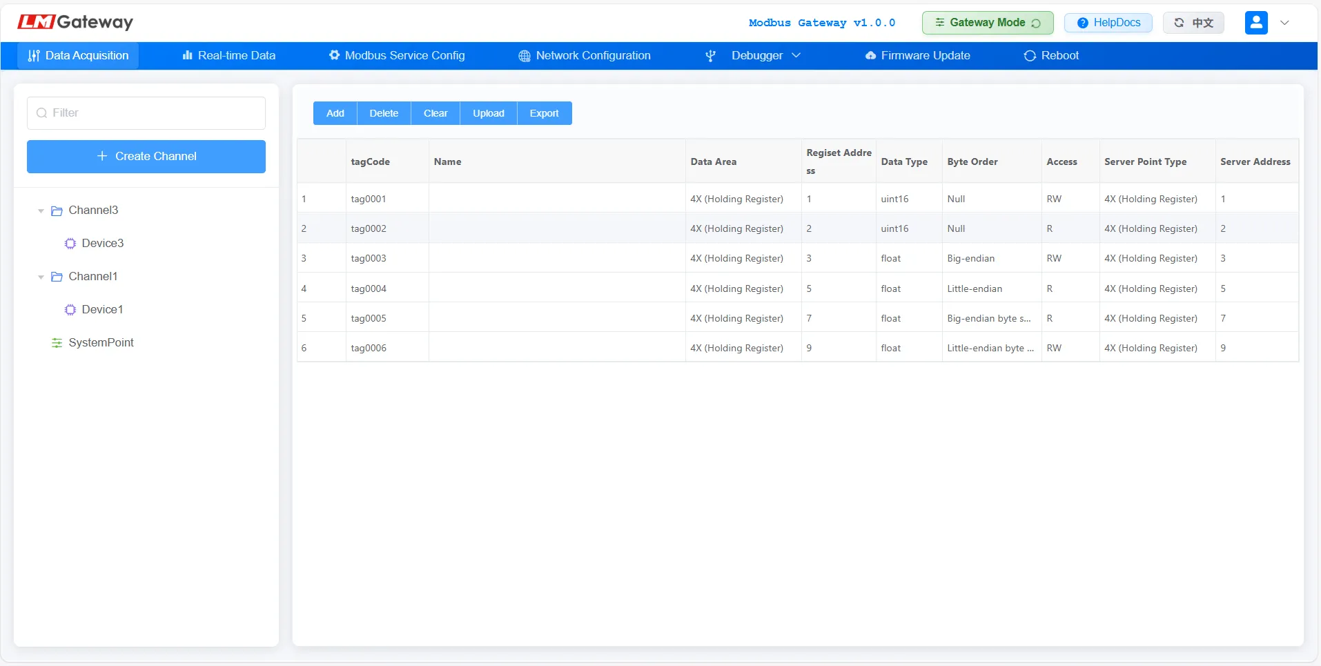 Modbus gateway data acquisition configuration interface